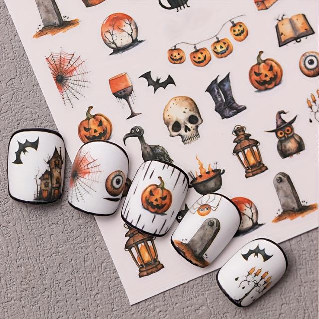 TEMU Spooky Halloween Nail Art Stickers: Pumpkins, , Gravestones, , , Bats, Lanterns, , Fire Pits, Castles & More For Women & Girls Diy