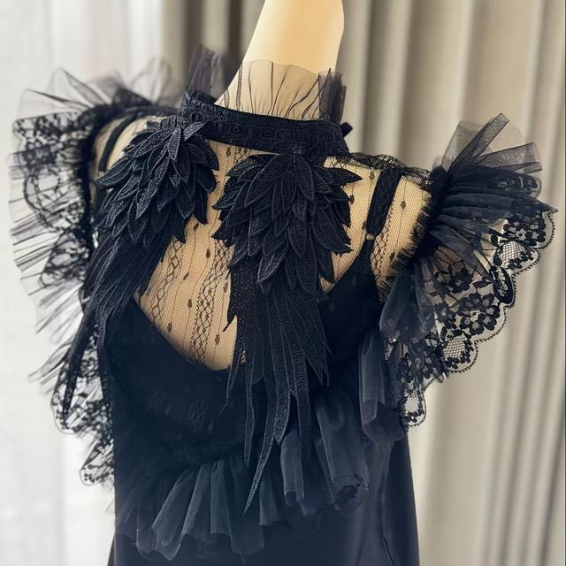 TEMU Gothic Black Lace Wings Collar With Tie, Polyester 100% Woven Shoulder Collar For Cosplay And Party, Hand Wash/ Only