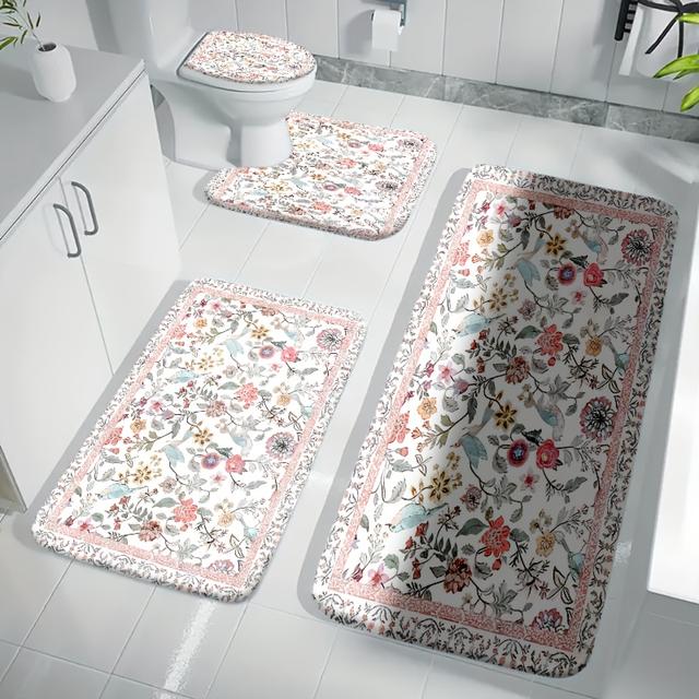TEMU 4pcs Bathroom Mat Set With An Elegant - An Essential For Home Decor, Enhancing The Bathroom Experience, Comfortable U-shaped Toilet Mat, Toilet Lid Cover, And Bathroom Decoration