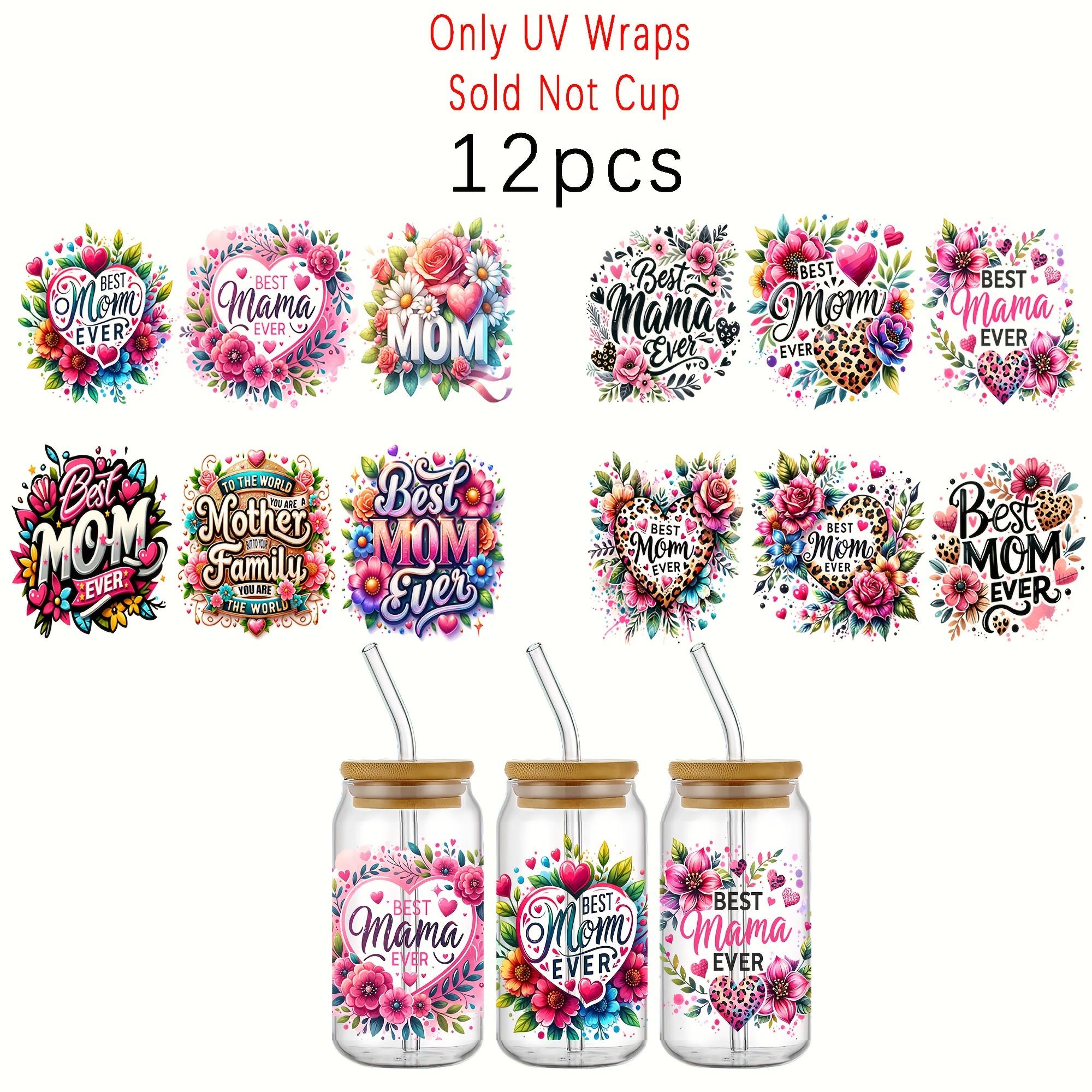 TEMU Paquete de 12 transferencias 3D florales para la mejor , calcomanías adhesivas de PVC UV DTF resistentes a rasguños para cristalería y botellas, de manualidades de calidad