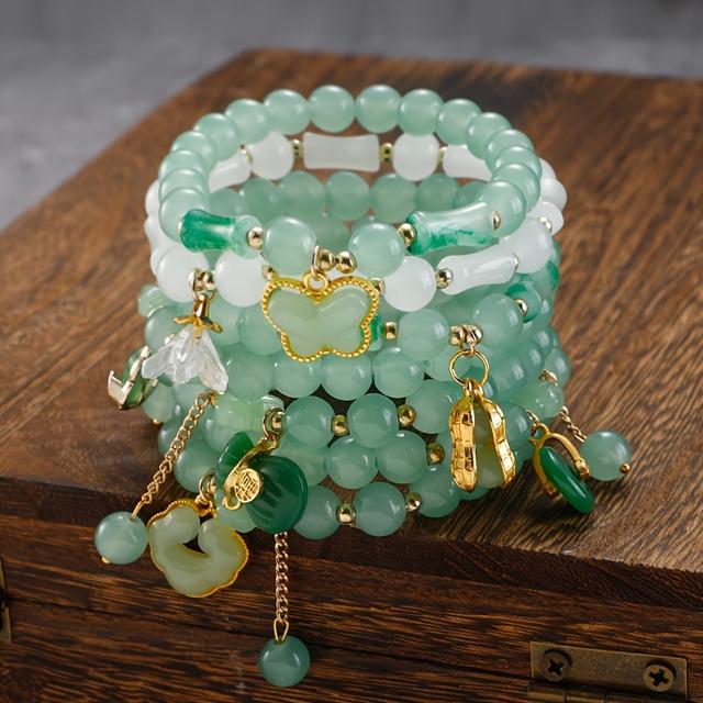 TEMU سوار زجاجي بشرابة على شكل ، إكسسوار خرز أخضر لطيف بتصميم غابة صينية كلاسيكية