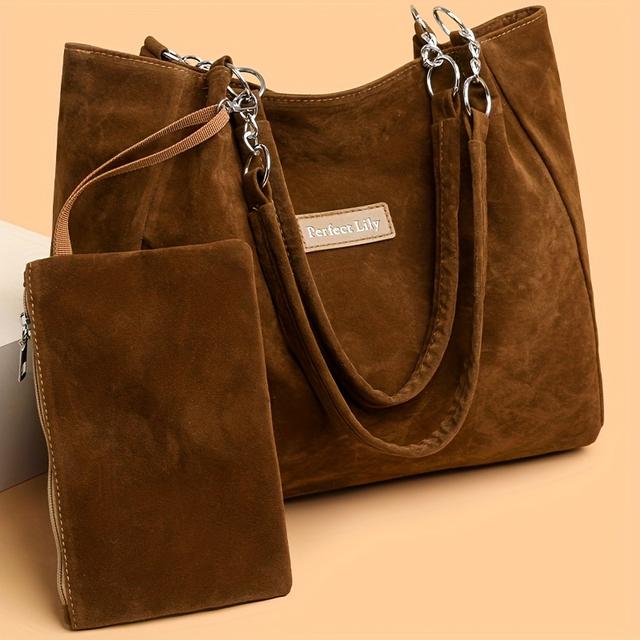 TEMU Conjunto de 2 Peças de Bolsas de Ombro Estilo Vintage para Mulheres, Bolsa Tote Elegante com Macia, Bolsa Leve para , Bolsa de Compras, Viagem, Celular, Carteira e Pulseira