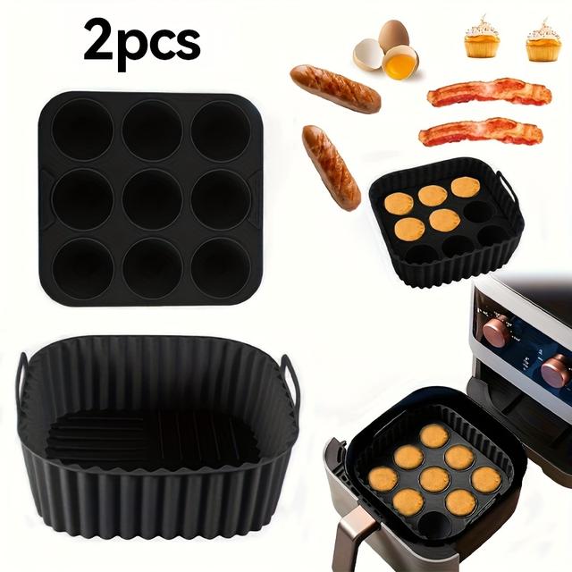 TEMU 2pcs Silicone Air Fryer Liners & Muffin Pan | Reusable Baking Trays With Cupcake/square Molds, Clean, Compatible With Mini , Dishwasher Safe, Safe, Valentine's Day Easter Wedding
