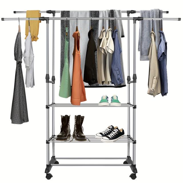 TEMU Clothes , Double Hanging Rod Collapsible Garment Clothes Drying Hanging Clothes 75*43*158cm