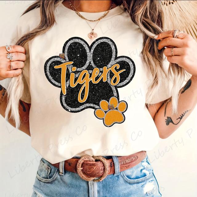 TEMU 10 - Inch Glitter "tigers" Paw Print Dtf Iron - On Sticker, For T - Shirts, Hoodies, Bags - Washable & Durable Fabric Decor, Trendy Sports Design, Team , Durable Decal