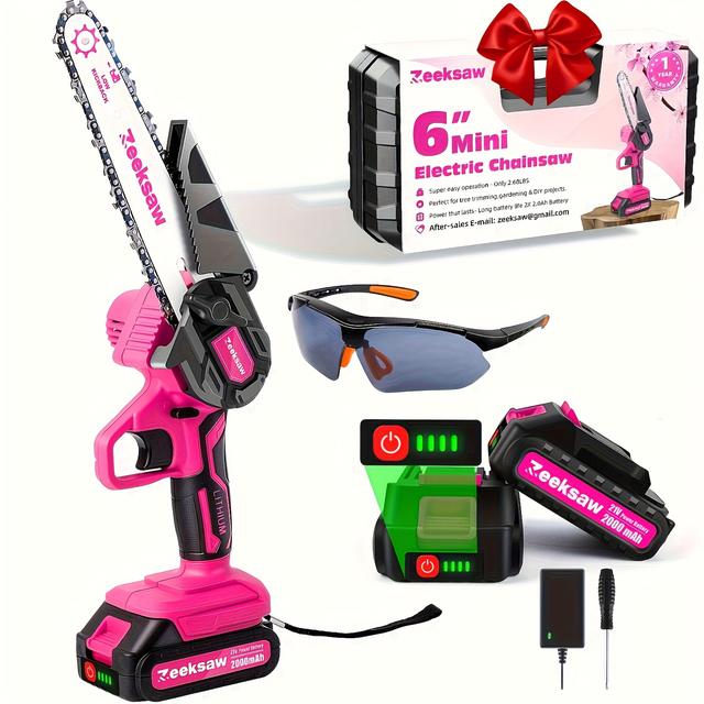 TEMU Pink Mini Electric Hand Chain Saw With Power Indicator, Small Chainsaw For Women, Handheld Cordless Chainsaw With Battery And Charger, Yard Tools Gardening Gifts