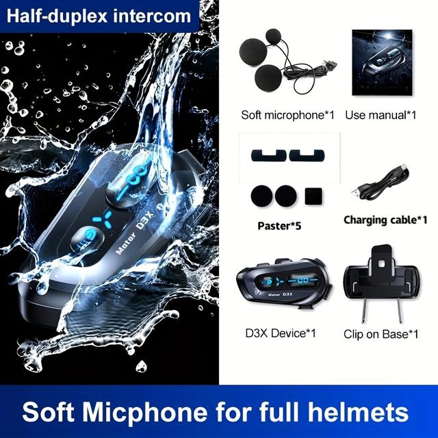 TEMU 2025 New Motorcycle Helmet Headset D3x Wireless Intercom 300m Multi-person Communication, Multi-person Music Share Earphones, Auto Answer, Noise Reduction, 1000mah Battery