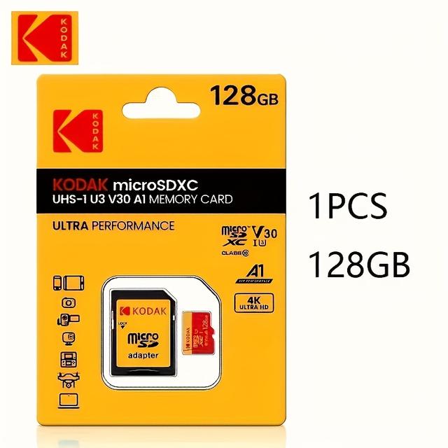 TEMU Kodak 1-pack Micro Sd Card With Adapter, 32gb/64gb/128gb Memory Card Xc C10 A1 Tf Flash Storage Card