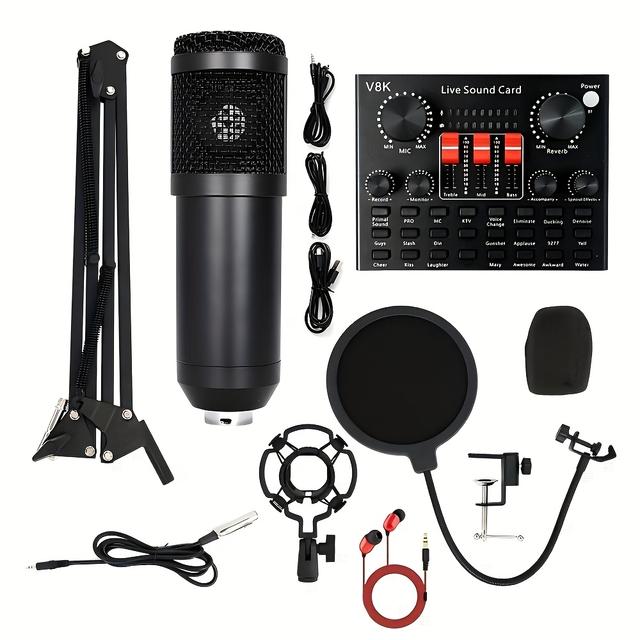 TEMU Ensemble complet d'équipement de podcasting comprenant diverses interfaces audio, un micro à condensateur et des écouteurs