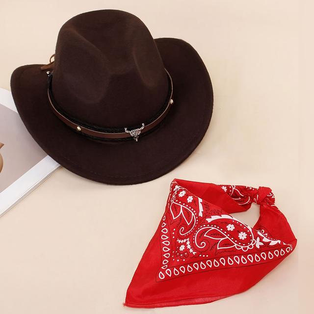 TEMU 1 Set Of 's Calf Head Cowboy Hat And Patterned Small Square Scarf, Suitable For Daily Or Party Decorations, 4-7, With Rigid Brim Hat Drag Protection