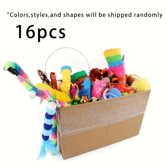 TEMU 16pcs/32pcs Mixed Cat Toys Set, Assorted Plush, Plastic, And Feather-, Random Colors, Styles, Sizes, And Shapes