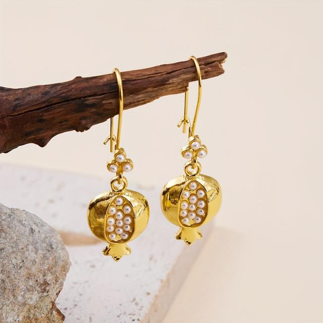 TEMU Pair Of Bohemian Pomegranate-shaped Synthetic Synthetic Gems Earrings For Men - Golden-tone Metal With Accents, Lightweight , Unique Party & Everyday Jewelry Gift, Men's Accessories, Intricate
