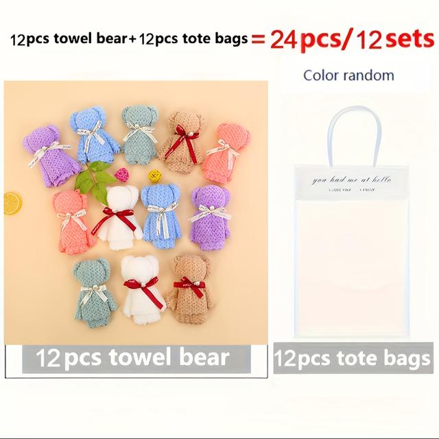 TEMU 24개 귀여운 곰 타월 선물 세트 (투명 가방 + 리본 포함) - 웨딩, 생일, 어버이날, 크리스마스 파티 선물용 | 12개 곰 타월 + 12개 토트백 포함 | 혼합 컬러 디자인 | 재미있는 곰 패턴 | 선물 포장