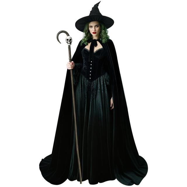 TEMU Hexenkostüm für Damen, Erwachsene Hexenoutfit mit schwarzer Samtumhang und langem Umhang sowie schwarzem Zaubererhut – Halloween-Cosplay-Partykostüm