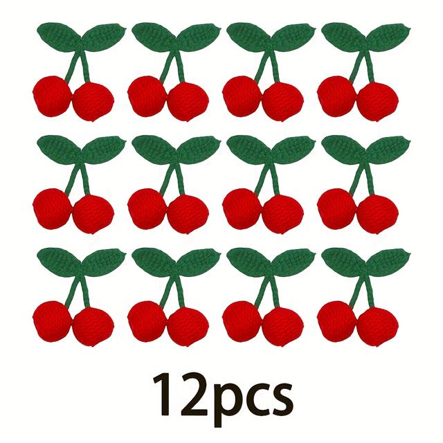 TEMU 12pcs Hand-knitted Cherry Decorations, Diy Craft Accessories For Fruit-themed Clothing And Hair Clips - Sakura Hairpin Set With Keychain & Earring Pendants | Knitted Flower Embellishments Kit
