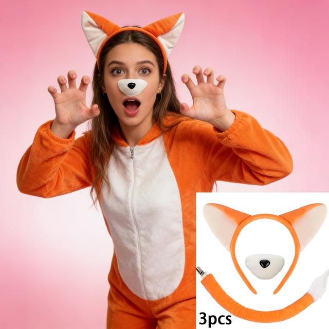 TEMU Sada liščí uší, včetně oranžové čelenky s ušima, ocasu a , ideální pro narozeninové oslavy s zvířat, halloweenské kostýmy, karnevalové oslavy a maškarní akce, skládající se ze tří kusů.