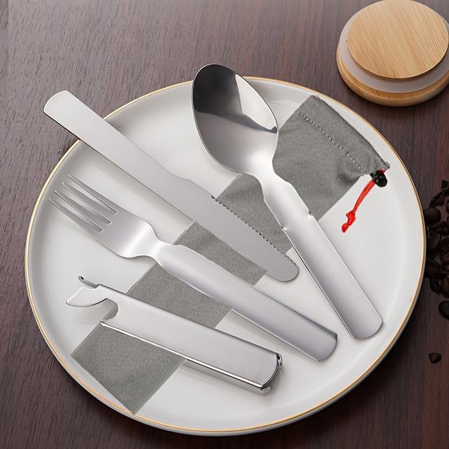 TEMU 5pcs Stainless Steel Portable Cutlery Set, -in-1 Picnic Utensils Including Knife, Fork, Spoon, And Bottle Opener, Hiking And Camping Trips