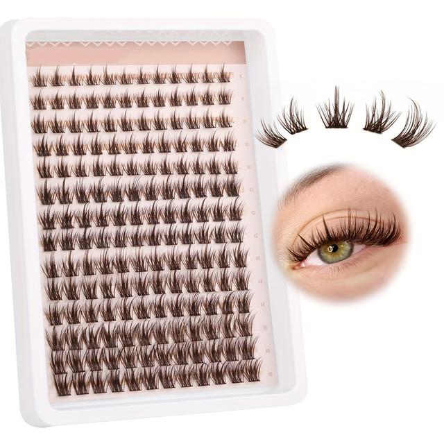 TEMU Diy Brown False Eyelashes 8-16mm, Vivid Natural Lashes, Fluffy Cat Eye Long Lashes, Curly Eyelash Strips, 168pcs - Individual, Unscented, Beginner Friendly For Cosplay & Anime Look