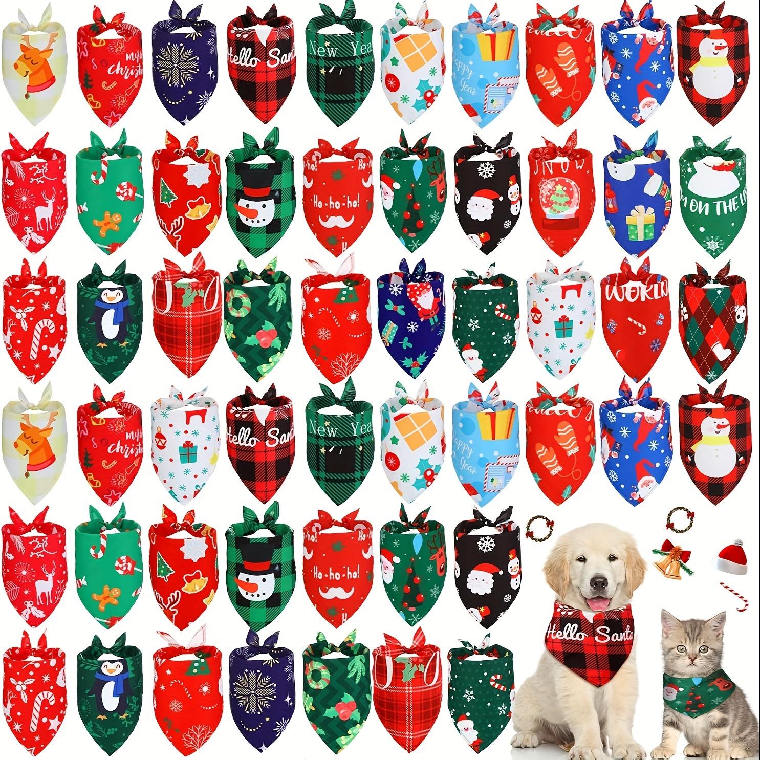 TEMU 60pcs Festive Christmas Dog Bandanas Set - Adjustable Holiday Pet Scarves With Santa, Reindeer & Snowman Designs For Small To Medium Breeds, Cat Bibs, Triangle Scarf,