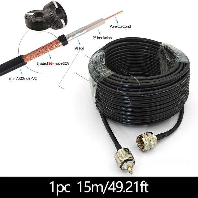 TEMU High-quality To Male Rf Coaxial Extension Cable Rg58 With Pl259 Connector, In Lengths From 30cm To 15m In Specifications, Suitable For Car Radios, Outdoor Camping, And More