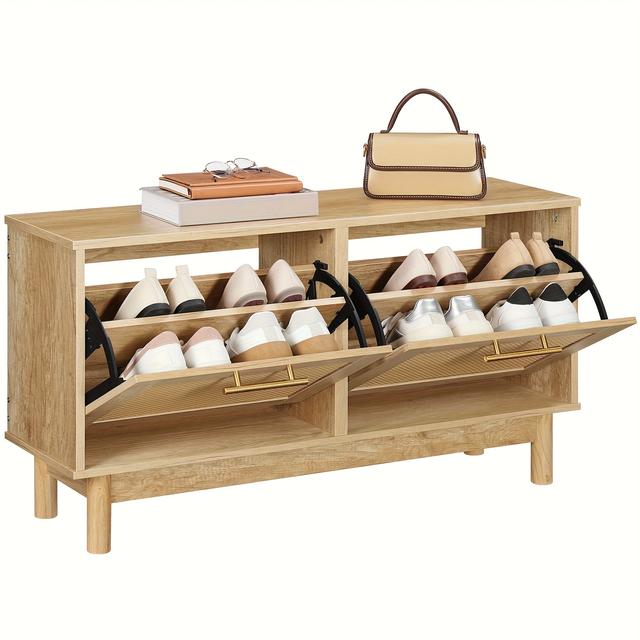 TEMU Shoe Bench, Storage Bench, Entrance Bench With 2 Foldable Drawers, Shoe Cabinet, Chest Of Drawers With Decorative Rattan, Metal Handles And Adjustable Shelves For Living Room, Hallway, Entrance