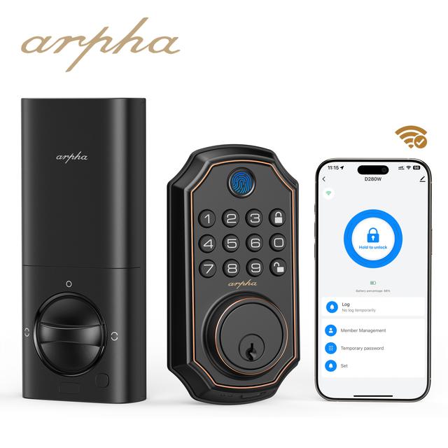 TEMU Arpha Smart Wifi Door Lock With Keyless Entry, Fingerprint & App Control, Black Keypad Security Lock For Front And Rear Doors, , Access , Feature, Sturdy Metal Construction, Smart Door Lock