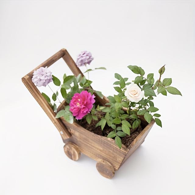 TEMU Creative Wooden Shopping Cart Flower Pot, Wooden Planter Decorative Cart For Planting, Rustic Hand-pushed Cart For Gardening, Outdoor Garden Planting, Farmhouse Cart For Cultivation