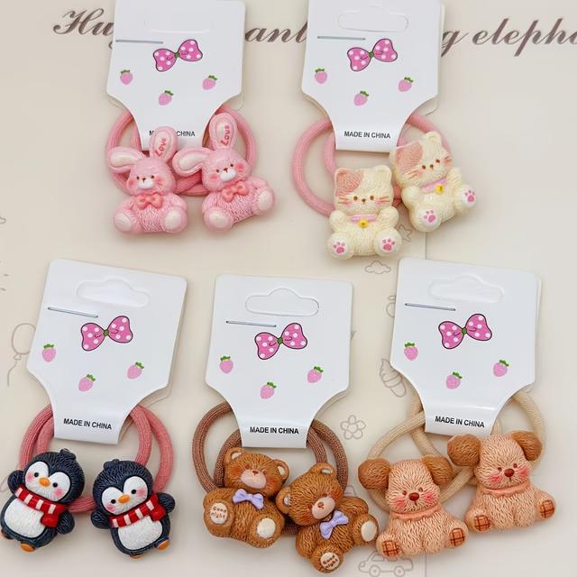 TEMU 10 szt. Urocze Gumki do Włosów z Pingwinem, Misiem i Królikiem na Kartonie, Słodkie Elastyczne Opaski do Podwójnego Kucyka, Nadające się do Codziennego Użytku i na Prezent
