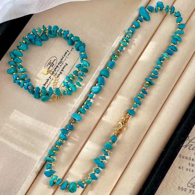 TEMU Natural Stone 1pc Women's Fashion Necklace - Hand- Irregular Green Turquoise Unique Synthetic Gemstone Accessory For