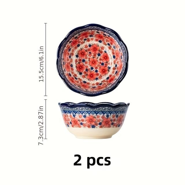 TEMU 2 szt. Starodawne kwiatowe ceramiczne miski do sałatek, duże okrągłe miski do pieczenia bezpieczne dla piekarnika do zup, ryżu, makaronu - naczynia do jadalni