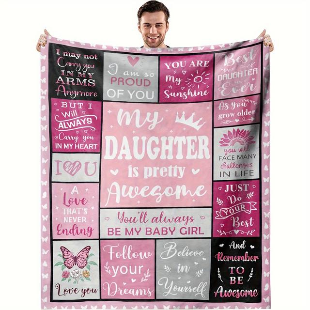 TEMU 1pc To My Daughter Love Messages Fleece Blanket, Soft Flannel Throw Blanket, Pink Pattern, Inspirational Quotes, Perfect Gift For Daughter, Cozy Home Decor