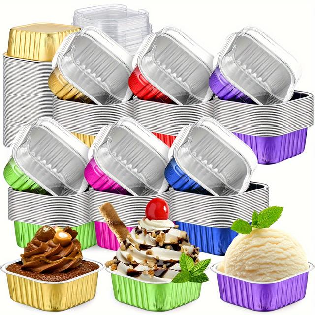 TEMU 120 Sets Dessert Cups With 10 Oz Aluminum Foil Jumbo Cupcake Pans 300ml Cupcake Liners Baking Disposable Ramekins Muffin Tin For Desserts Wedding Party Favor 6 Colors