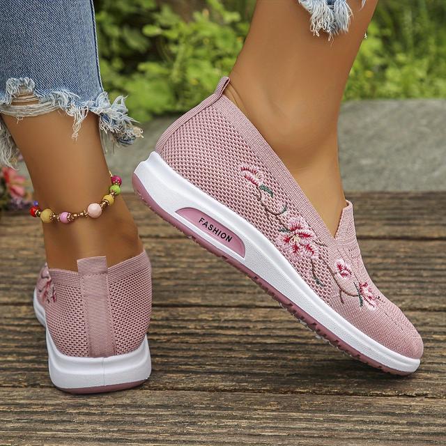 TEMU Une paire de chaussures de sport décontractées pour femmes, confortables et , avec semelle souple, respirante en brodée et bout rond plat