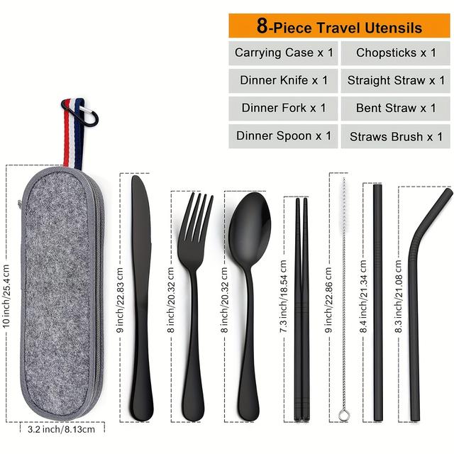TEMU 8pcs Travel Utensils Silverware Set, Portable Stainless Steel Flatware Set, Reusable Cutlery With Chopsticks Straws, Gray Case (black/silvery)