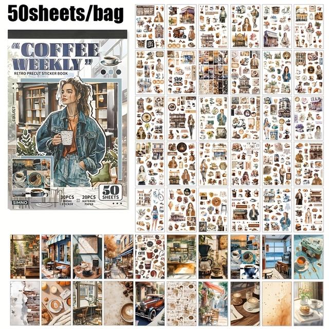 TEMU 50장/북 스티커북, 30개 와시 종이 다이컷 스티커 + 20개 물무늬 재료지, 슬로우 라이빙 시리즈 빈티지 테마 데칼