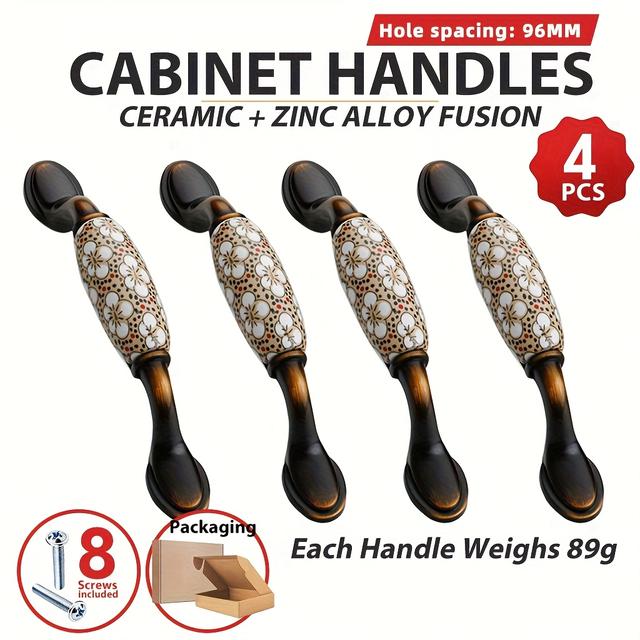 TEMU 4pcs 현대 꽃무늬 세라믹 캐비닛 풀, 주방, 옷장, 서랍, 녹방 방지, 내구성, 스크루 포함, 개별 포장