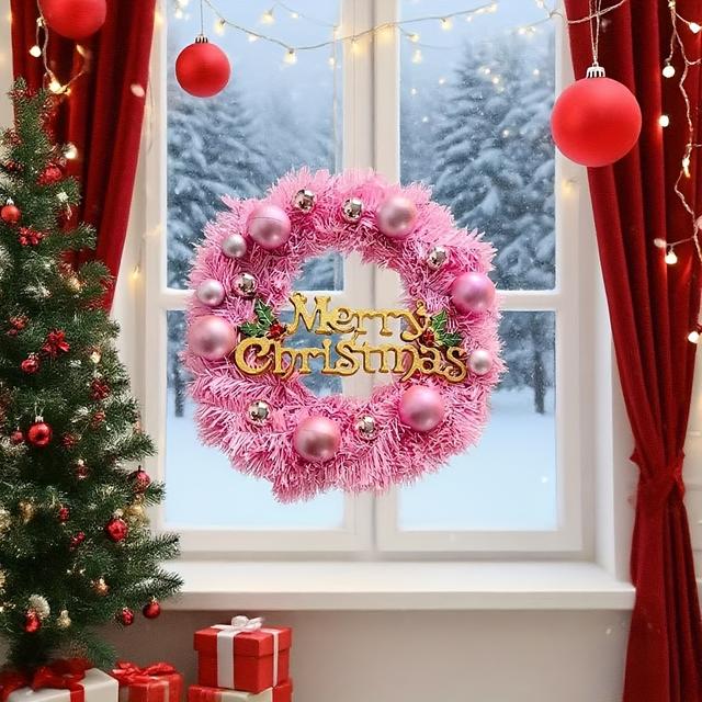 TEMU Einzelpackung 30CM Rosa Handgemachter Weihnachtskranz, PVC-Material mit 16 Dekorationen für Fenster Gartenanzeige (Ohne Lichter)