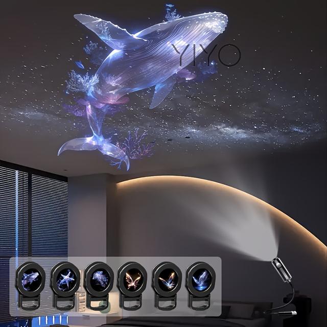 TEMU USB 전원 휴대용 LED 프로젝션 야간등, 360° 회전 가능한 해양 & 나비 패턴 (고래, , 해파리) - USB 전원 천장/램프, 방, 침대 옆용 - 플라스틱 테마 조명 선물