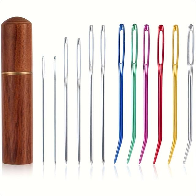 TEMU 12pcs Large Eye Sewing Needle Set Aluminum Large Eye Blunt Needles With Curved Tapestry Needles And Wooden Needle Box Hand Knitting Needles For Crochet Knitting Embroidery Jewelry Projects