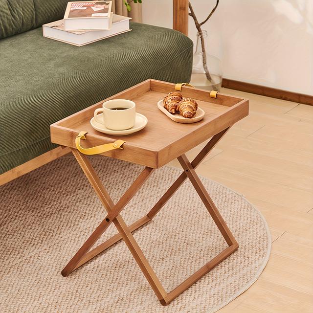 TEMU Bamboo Folding Side Table With Removable Tray: Sturdy X-shaped Frame, Perfect For Camping Or Outdoor Use