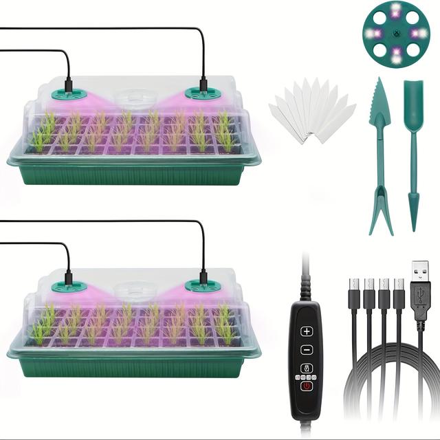 TEMU 5-pack Self Watering Seed Starter Tray With Grow Light & Humidity Dome - 60-cell (5 Trays Of 12) Heavy-duty Plastic /outdoor Watering System, Reusable Plant Germination Trays For, Seedlings,
