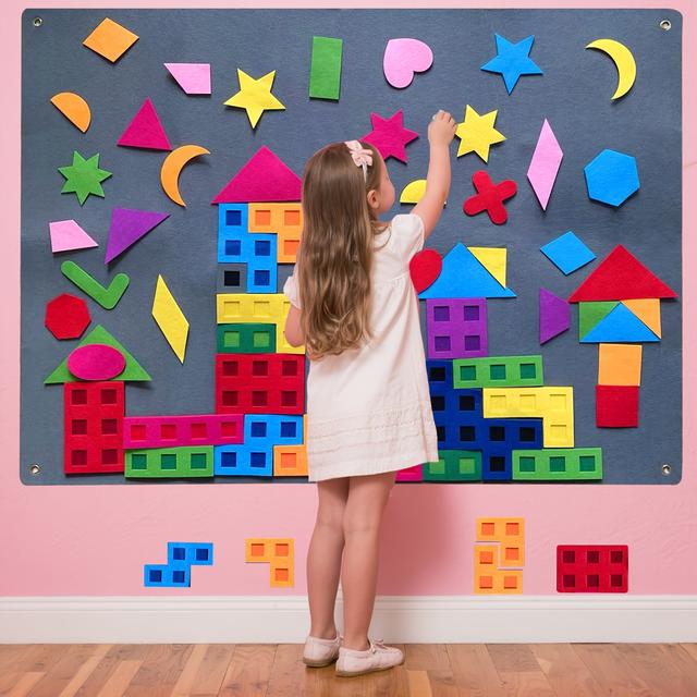 TEMU 41x29.5 Inch Large Felt Geometric Diy Toy Set With Storage Pockets - Creative Educational Building Kit For Classroom, Home, Birthday Gifts For