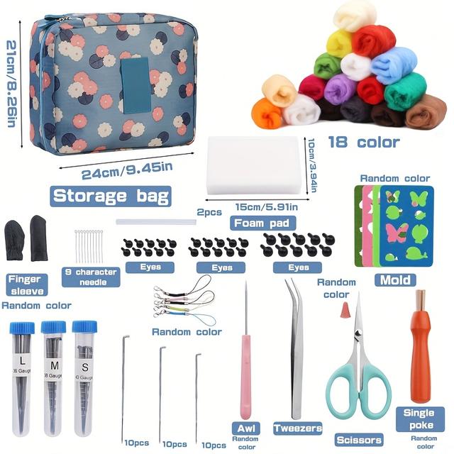 TEMU Needle Felting Kit With Storage Bag, Wool Roving 18 Colors Set, Needle Felting Tools Kit, Wool Felting Tool Kit With Felting Foam Mat And Other Diy Needle Felting Accessories
