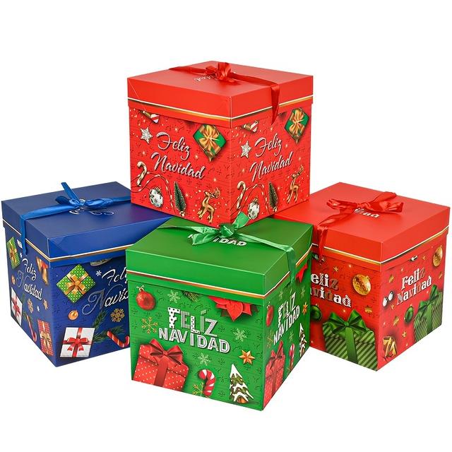 TEMU 4pcs Christmas Gift Boxes - Large 7.9" Square Paper Holiday Present Packaging, Fit For Party Favors, Candy, Treats, And Bags