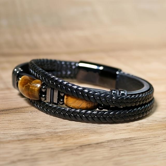TEMU An Elegant Three-layer Men's Bracelet, Made Of Natural Tiger Eye Stones, A Stylish Multi-layered Bracelet For Men, Perfect As A Christmas Gift.