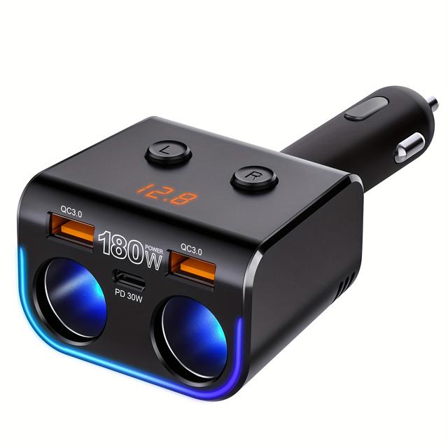 TEMU Dual Qc3.0 Car Lighter Usb Charger 180w Car Usb Charger With Qc3.0 And Phone Charger With Led Voltage Display Car Lighter Splitter For Mobile Phones, Car Recorder, Etc.