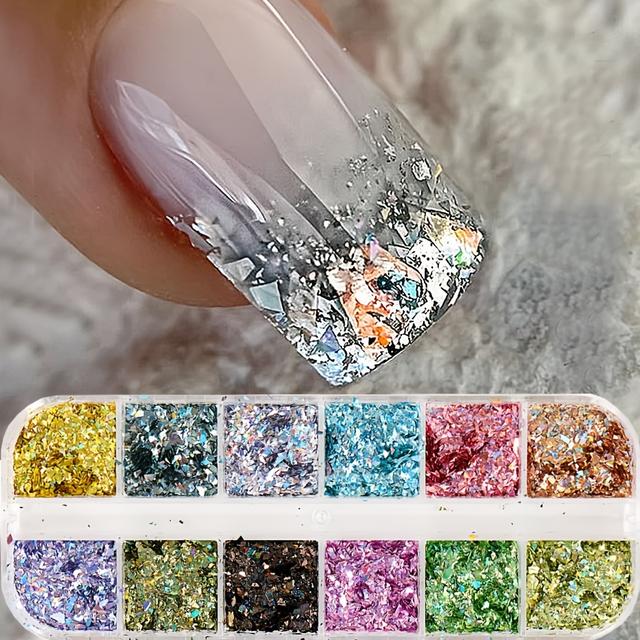 TEMU 12 Кольорів Аврора Блискітки Неправильна Фольгова Папір Блискучі Пластівці Кольорове Скло Папір Пайєтки Розкішний Голографічний Лазерний Фрагмент Блискітки для Нігтів DIY Декор