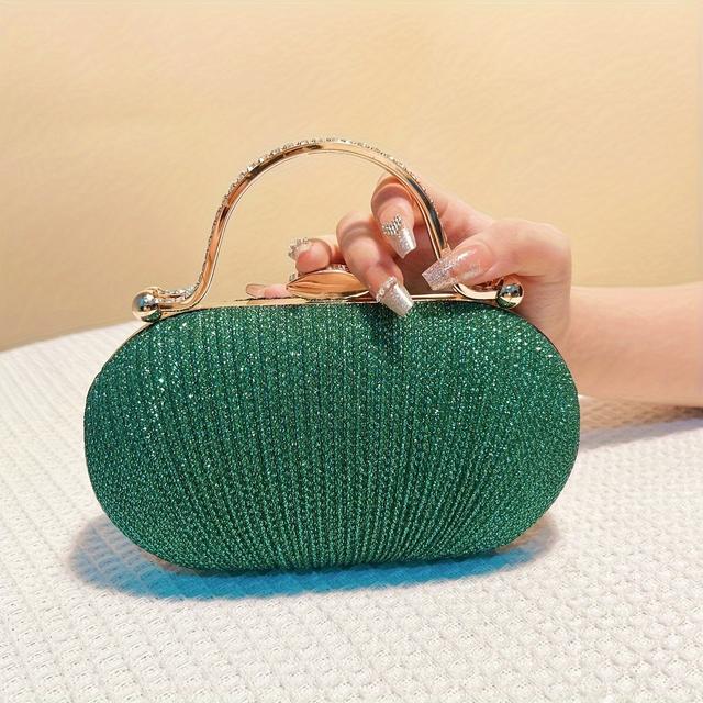TEMU Bolsa de Feminina com Glitter Verde, Alça de Metal com Strass, Bolsa de Mão Box Plissada, Bolsa de Bolso, Natal
