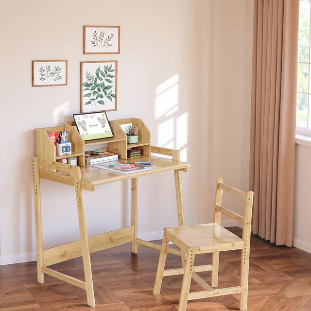 TEMU Ensemble Bureau et Chaise, Bureau à Hauteur Réglable, Bureau avec Chaise, Coiffeuse, Table en Bois de Bambou, Bureau avec Espace de Rangement , Salle d'Étude/Chambre