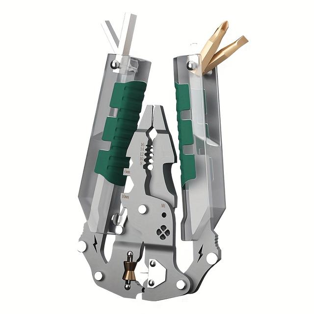 TEMU 업그레이드된 접이식 와이어 스트리퍼: 1개 전문가용 전기 기술자용 와이어 스트리퍼, 업그레이드된 멀티펑셔널 핸들 디자인, 드라이버, 헥스 키, 후크 블레이드 기능 포함. 와이어 스트리핑, 와이어 절단, 파이프 조임, 단자 압착 등 다양한 작업 가능. 모든 작업을 위한 하나의 도구, 전기 기술자, 가정, 건설 현장 등에 적합